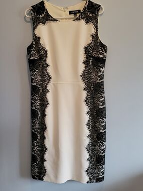 Chetta B Ivory Sheath Dress with Black Lace Trim - Size 12